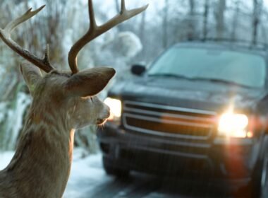 Deer in headlights of a car in the snow