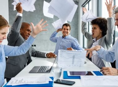 A group of business leaders planning a communication strategy during a crisis