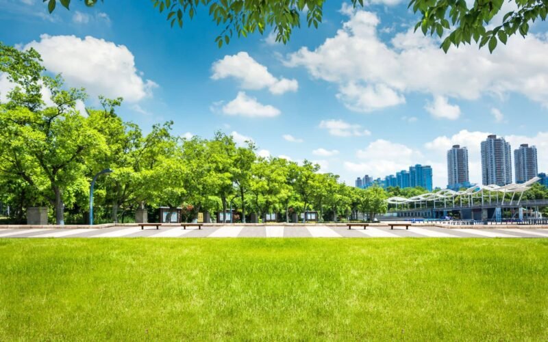 Business park landscaping with green grass and trees near the water