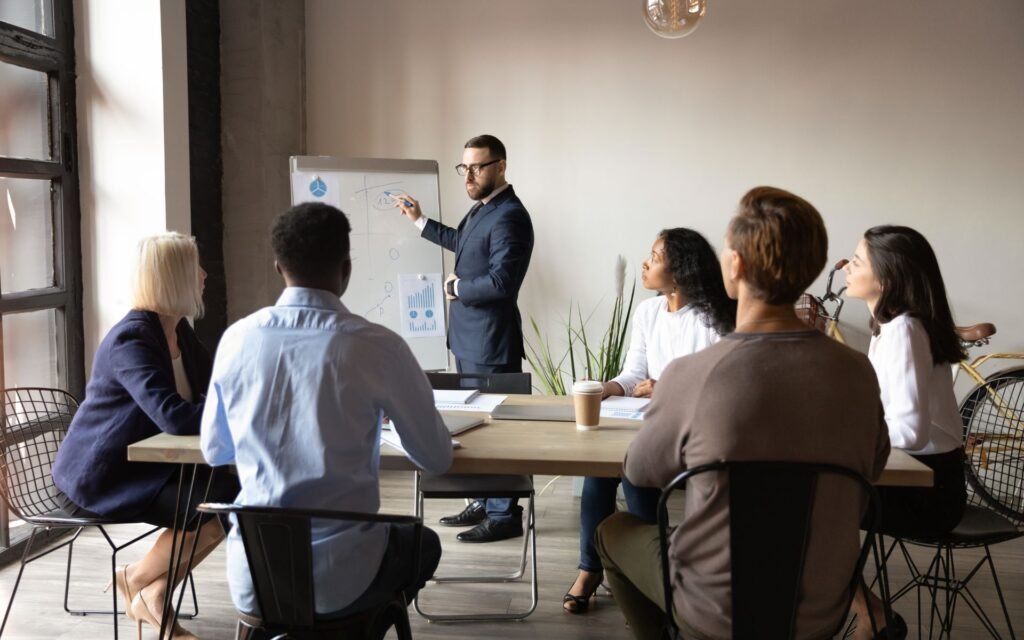 Executive using storytelling to connect with the audience in a corporate setting