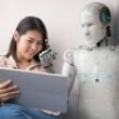Woman with a laptop and an AI financial advisor robot next to her