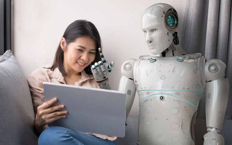 Woman with a laptop and an AI financial advisor robot next to her