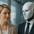Woman with an AI financial advisor standing next to her in a suit