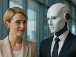 Woman with an AI financial advisor standing next to her in a suit