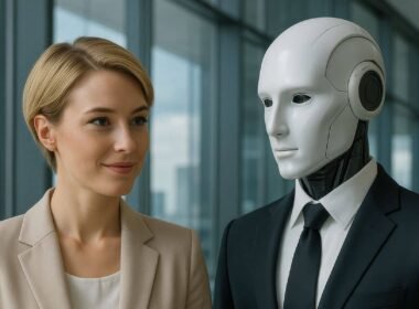 Woman with an AI financial advisor standing next to her in a suit