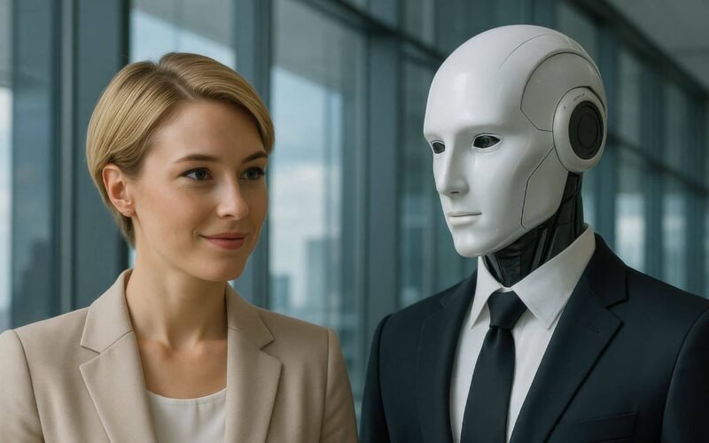 Woman with an AI financial advisor standing next to her in a suit